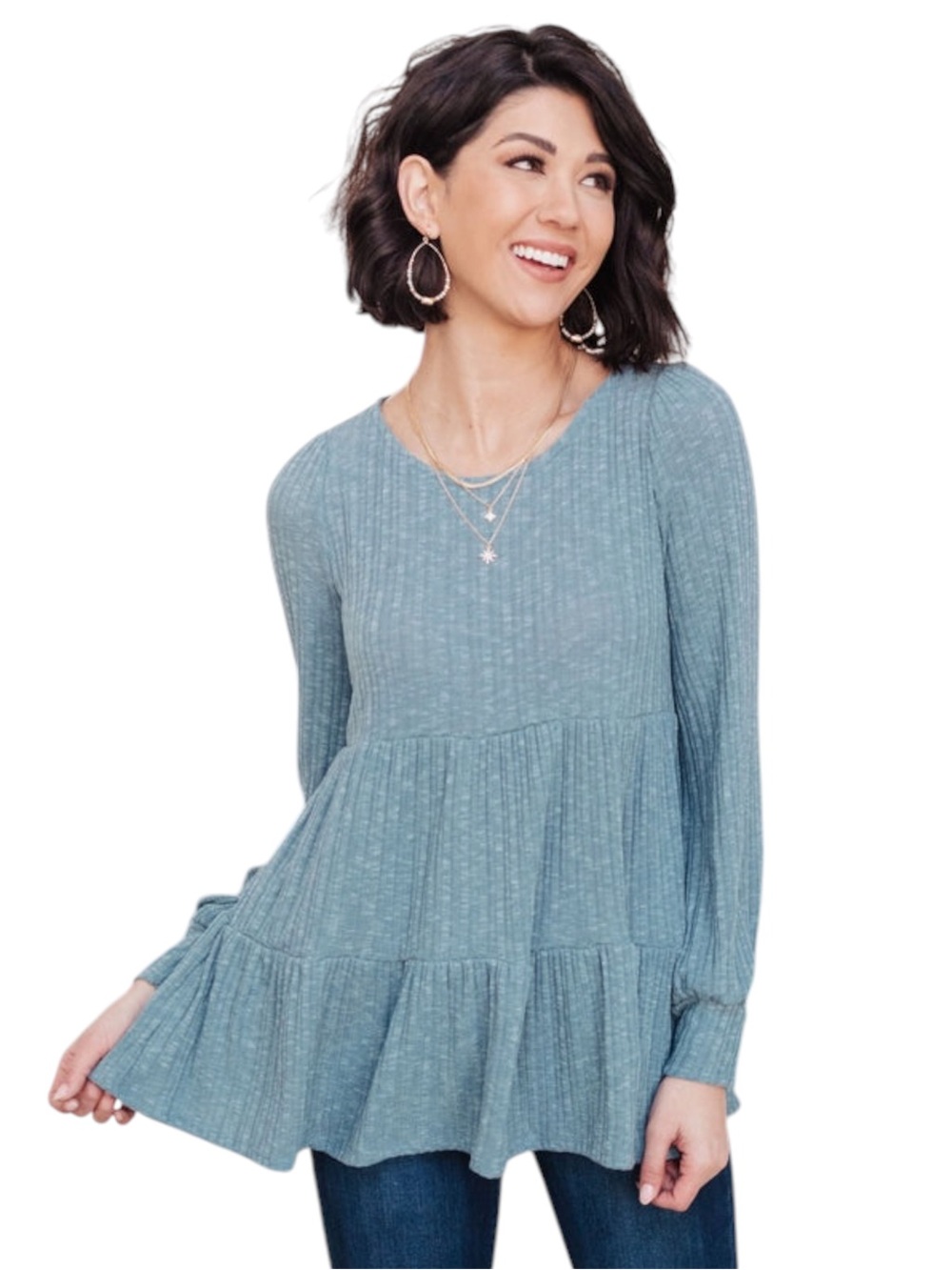 Ces Femme Blue Heathered Pathways Tiered Top Size Large